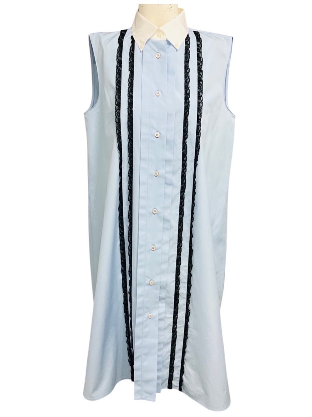 PRADA LIGHT BLUE / WHITE / BLACK LACE DETAIL SLEEVELESS BUTTON FRONT MIDI SHIRTD - Picture 1 of 5